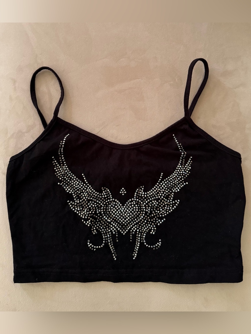 Black Rhinestone Wing Heart Cropped Tank
